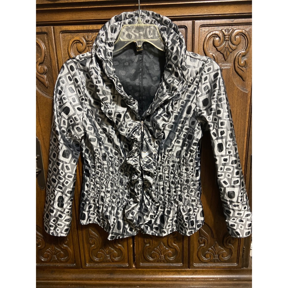 Jerry T Silver Black Geometric Square Print Ruffle Collar Smocked Jacket Medium